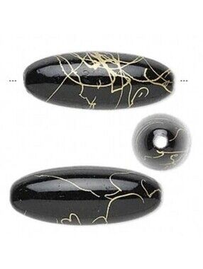 4 Black Gold Swirl 32mm Focal Round Oval Acrylic Beads